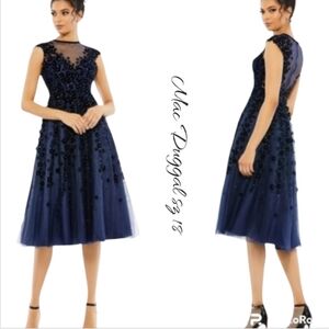 NWT MAC DUGGAL 67910 Navy Blue Embellished Floral Midi Dress 18